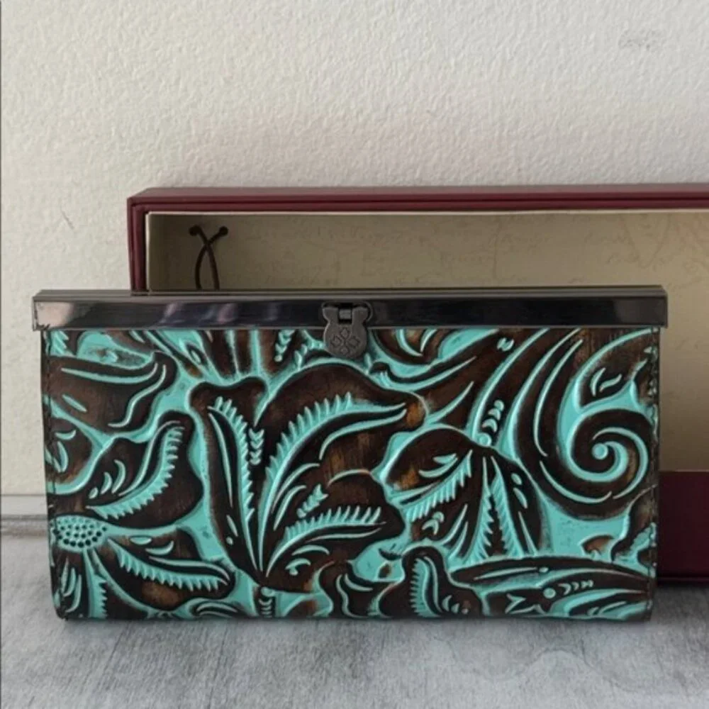 Patricia Nash Wallet Leather Framed Turquoise Cauchy Tooled In Gift Box